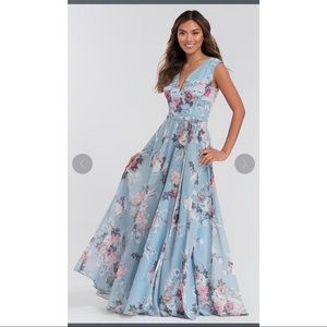 FLORAL PRINT FAUX WRAP KLEINFIELD BRIDESMAID DRESS